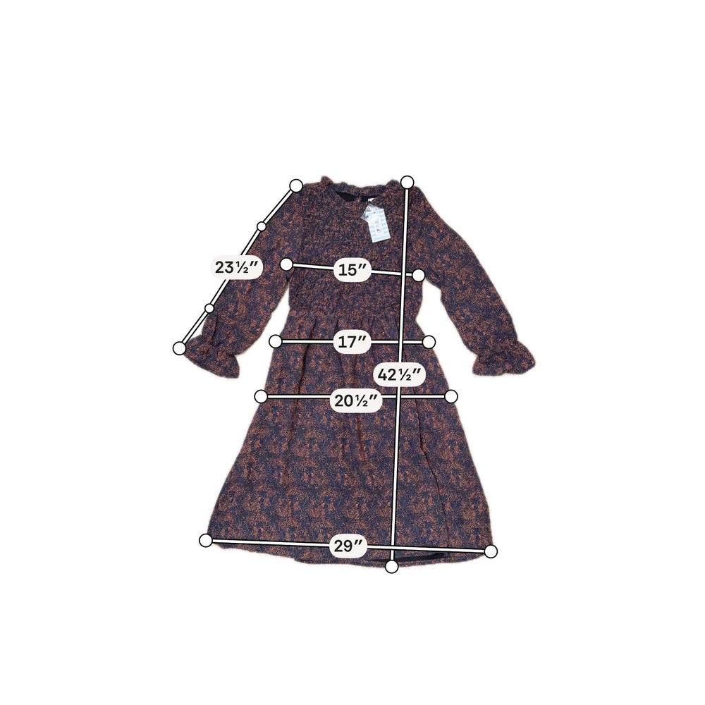 NWT Boho Navy Rust Midi Dress Ruffle Neck Puff Sleeve Cottagecore S Tulip B - Picture 5 of 8